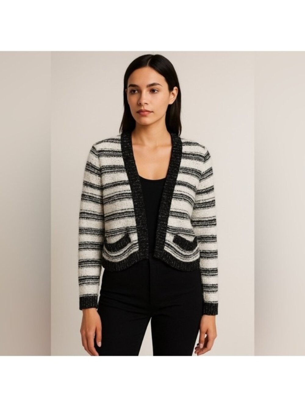 Calvin Klein Black & White Textured Striped Open Front Cardigan Size S